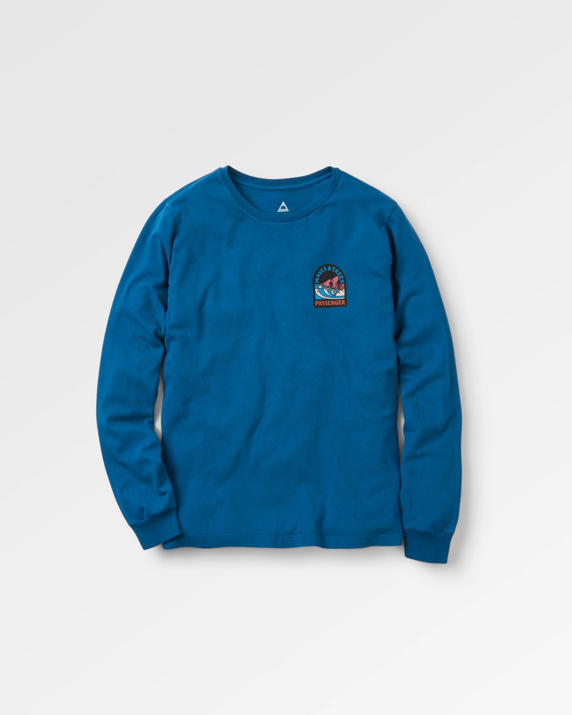 Waves & Trees Recycled Cotton LS T-Shirt - Tidal Blue - Flatlay