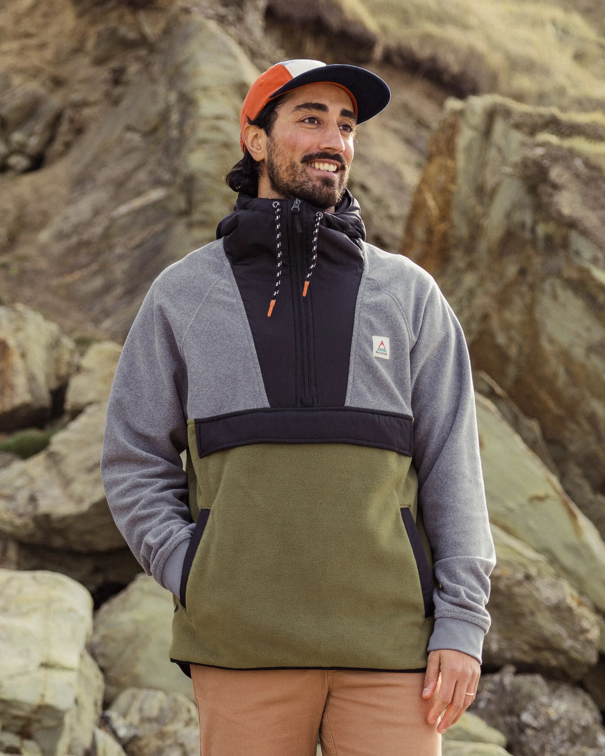 Woodland Hooded 1/2 Zip Recycled Polar Fleece - Grey Marl/Khaki - Lifestyle