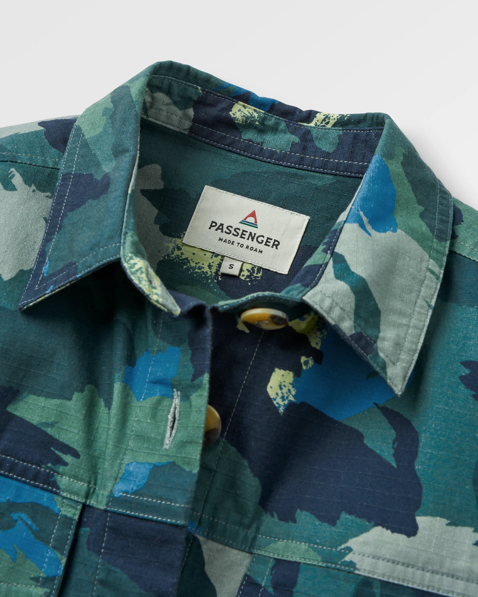 Coral Organic Cotton LS Shirt - Alpine Camo Rain Forest - Flatlay