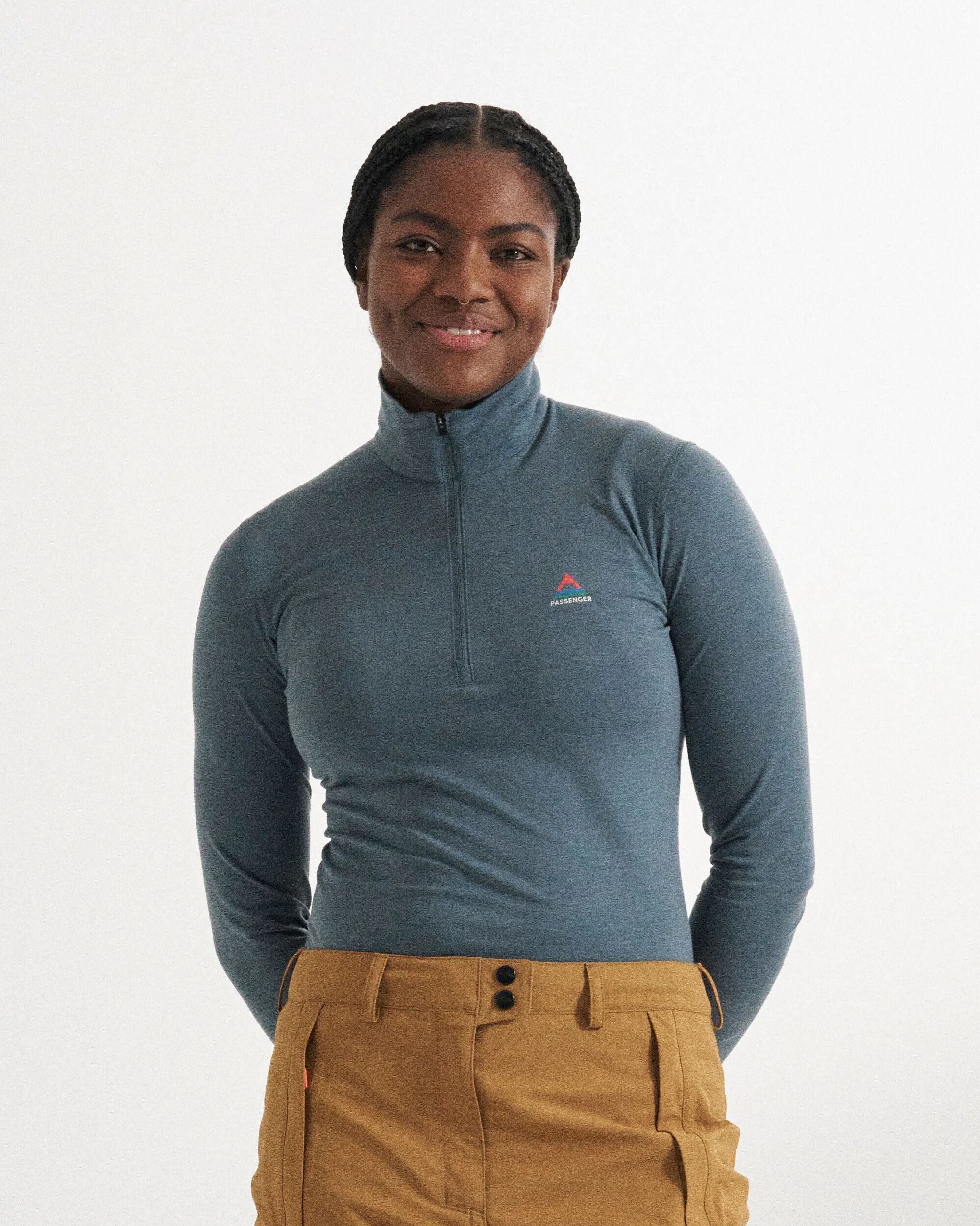 Snowscape Women's Merino Base Layer Top - Storm Grey - Studio Model