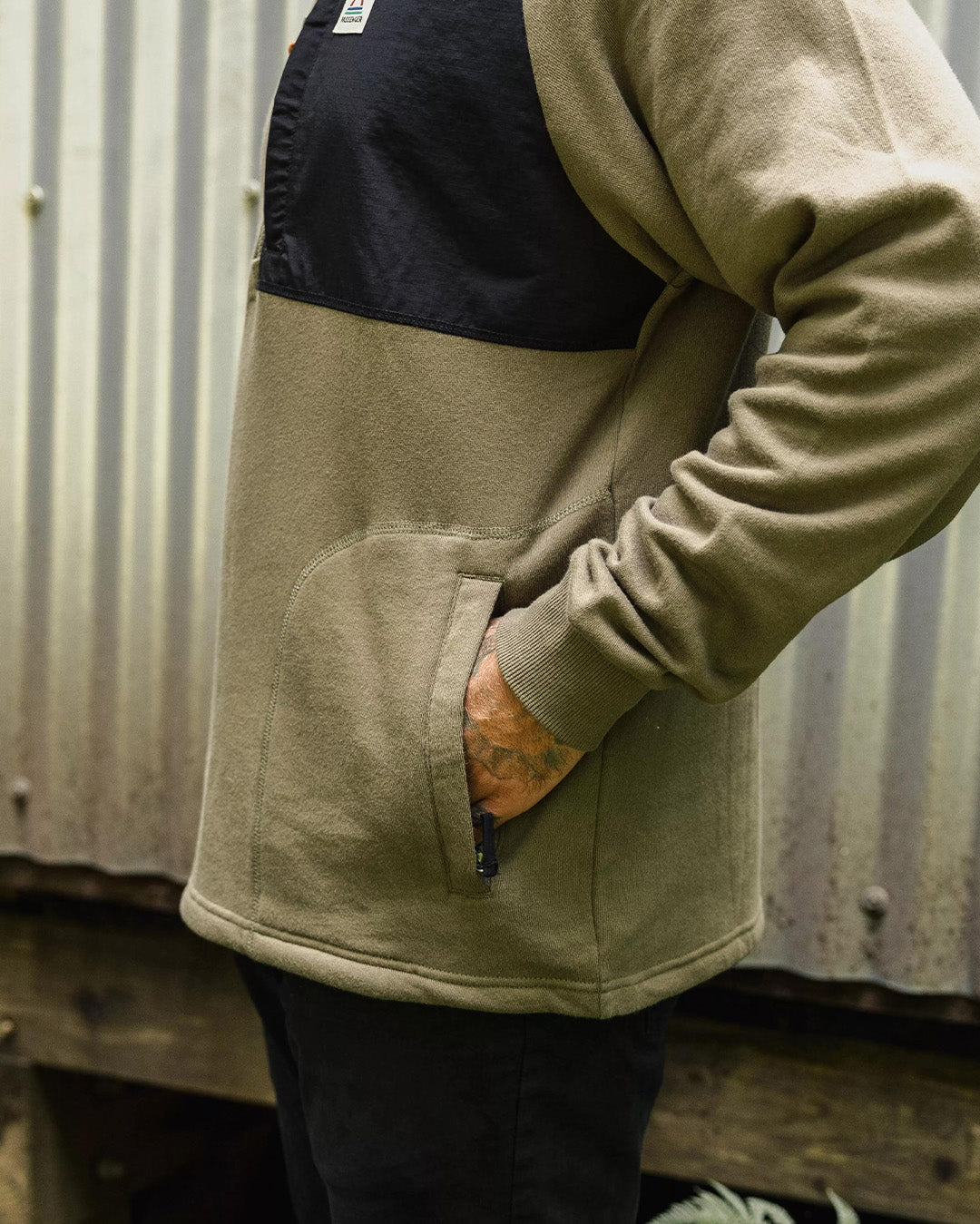 Offgrid 1/4 Zip Recycled Cotton Sweatshirt - Dusty Olive - Lifestyle