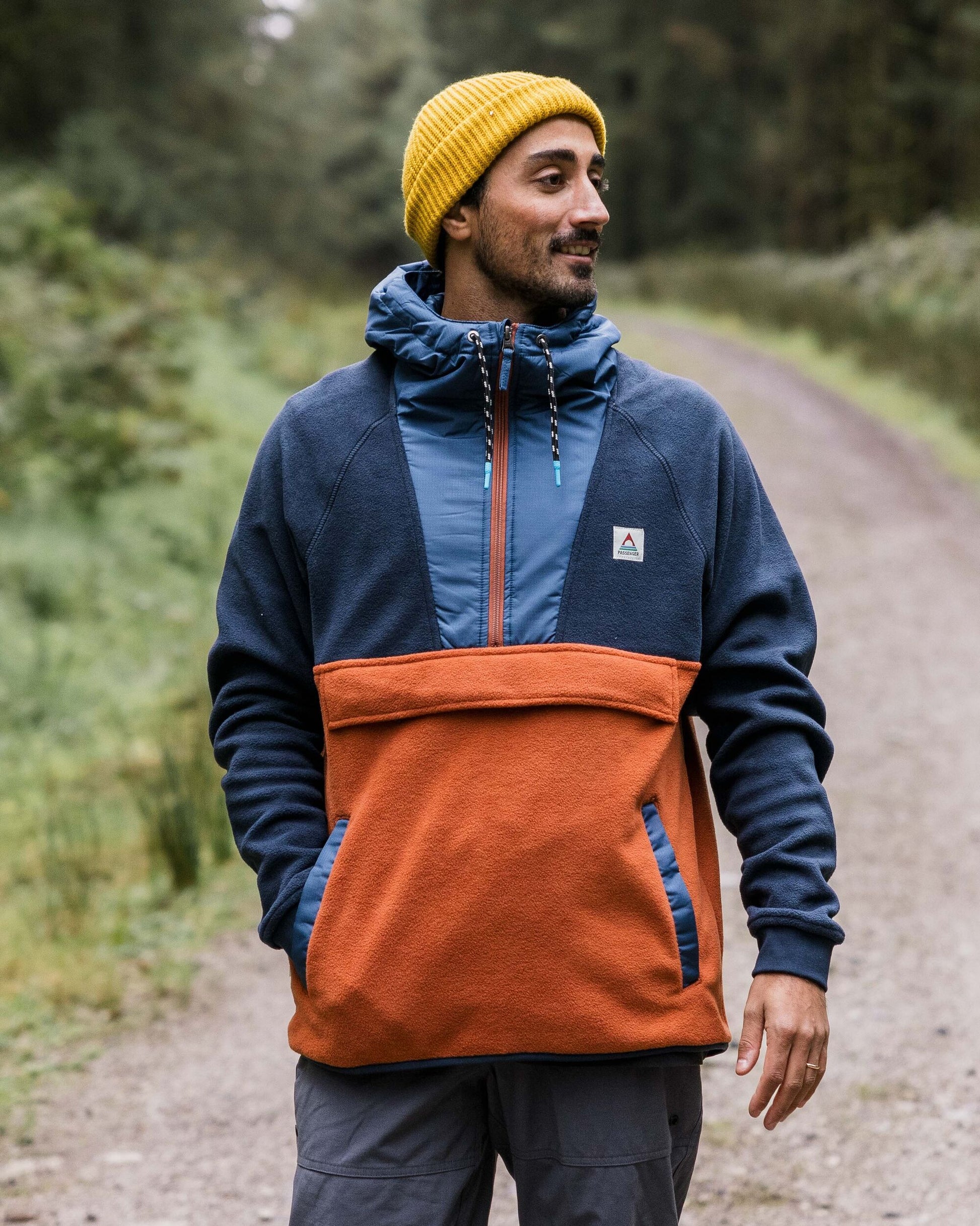 Woodland Hooded 1/2 Zip Recycled Polar Fleece - Deep Navy/Baked Clay