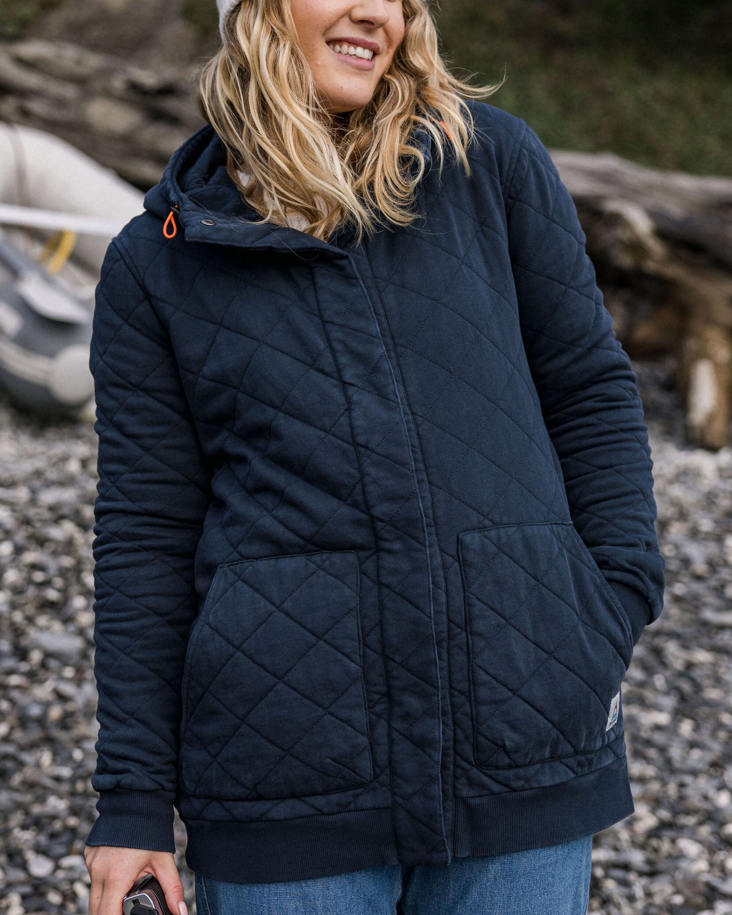 Clementine Recycled Quilted Popper Up Hoodie - Deep Navy