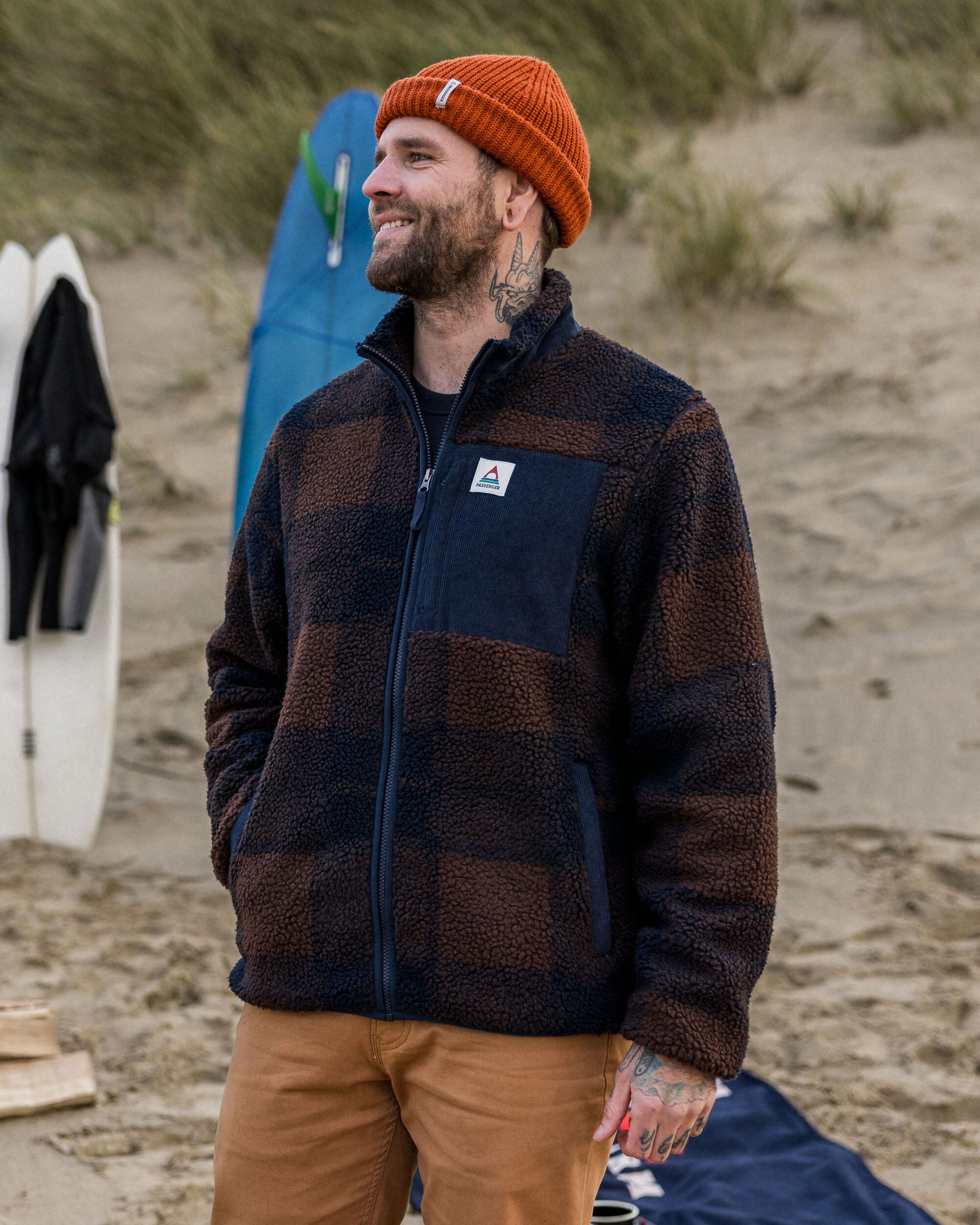 Trekker Recycled Deep-Pile Sherpa Fleece - Chestnut/Deep Navy Check