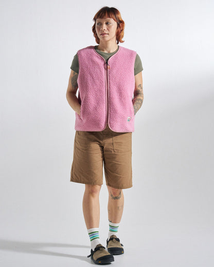 Tawny Collarless Deep-Pile Sherpa Gilet - Pink Haze - Studio Model