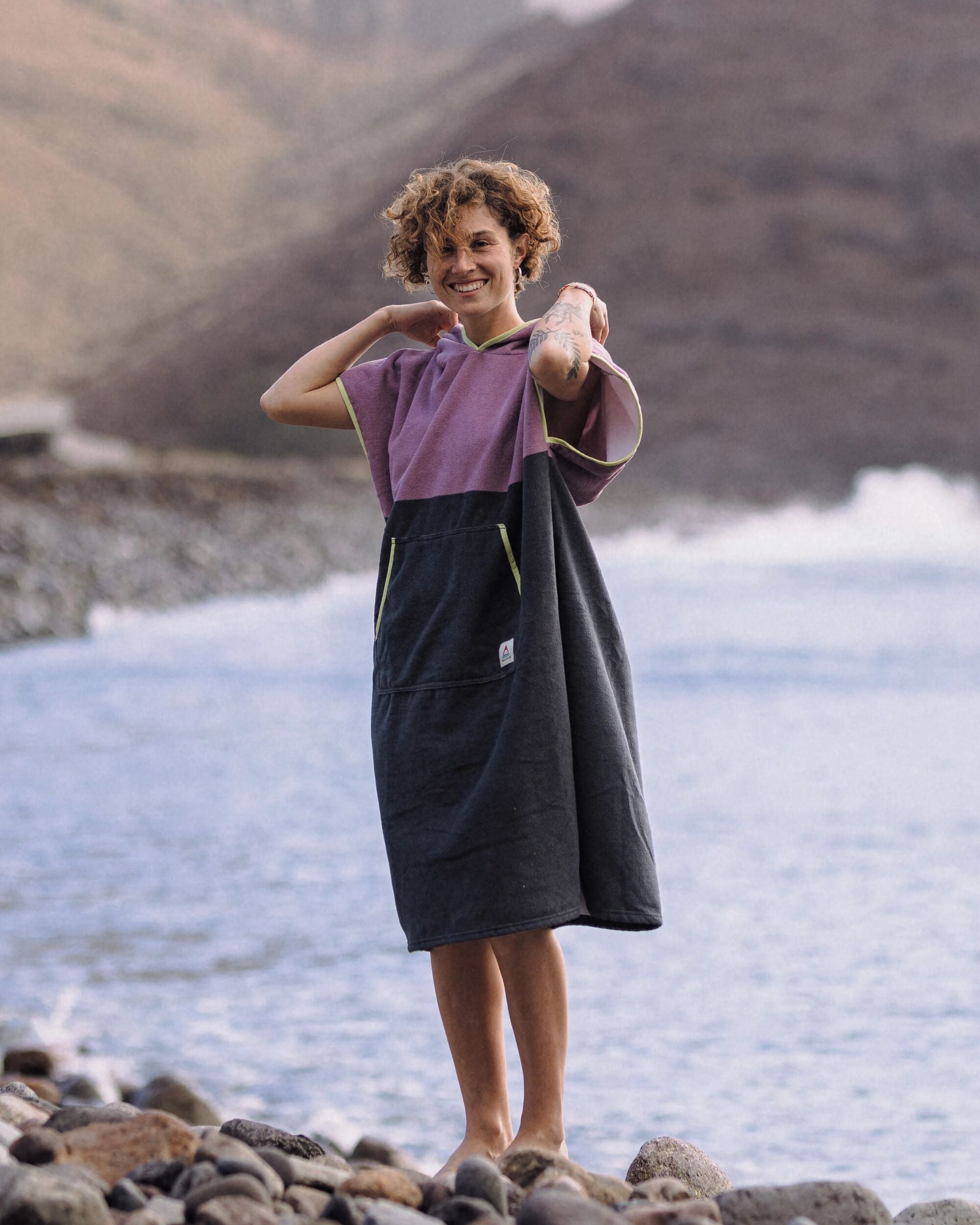 Tulum Recycled Towel Poncho - Grape / Charcoal - Lifestyle - Female