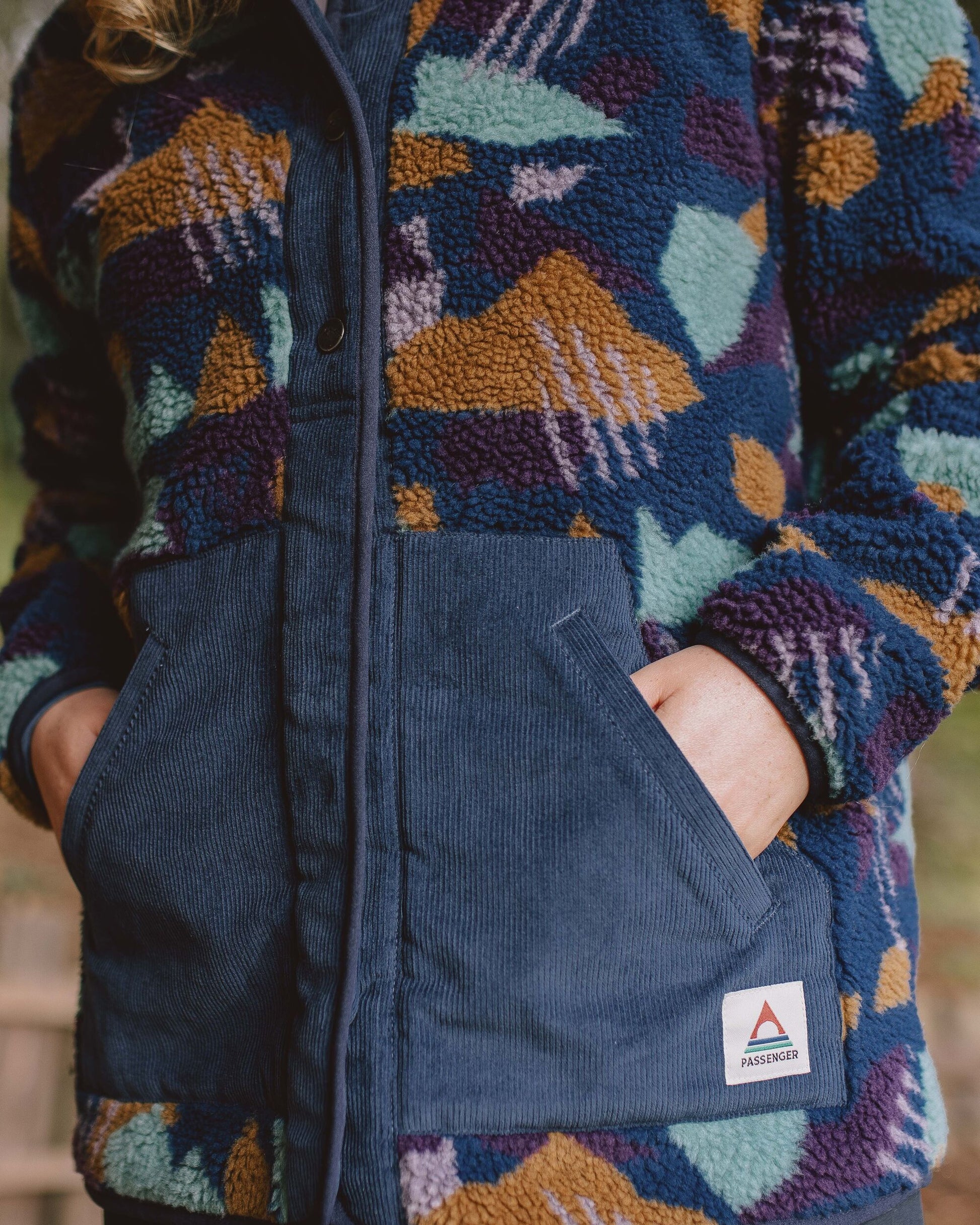 Clover Recycled Cotton-Lined Sherpa Fleece - Deep Blue Camo Pattern