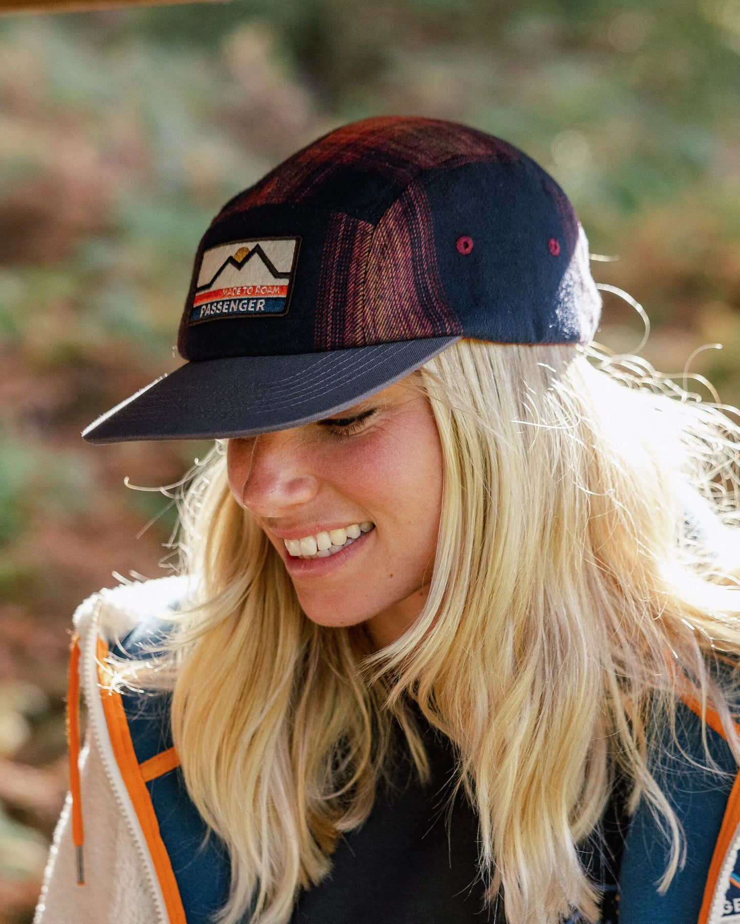 Womens_Fixie Recycled Flannel 5 Panel Cap - Rich Navy/ Red Ochre Check