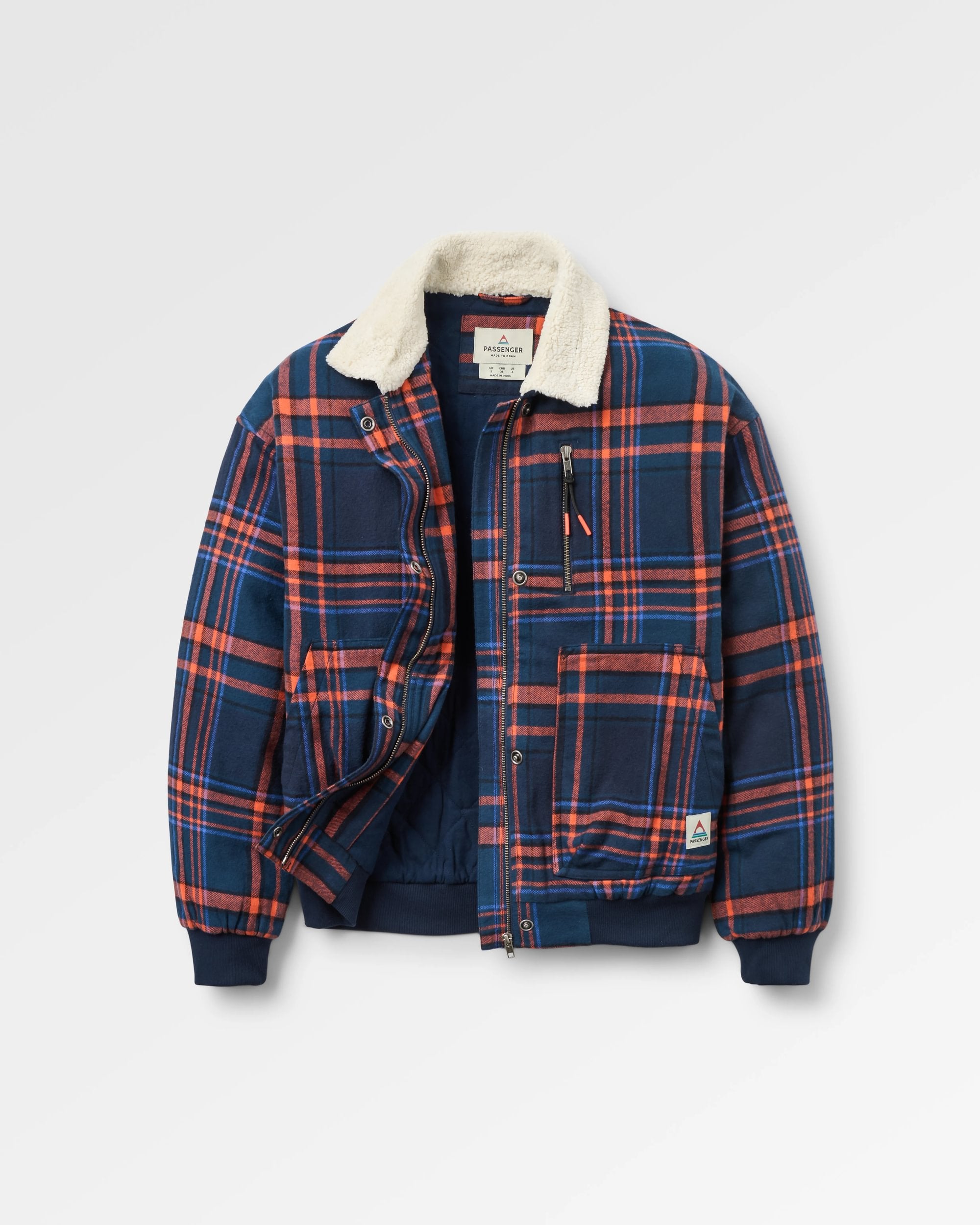 On The Go Insulated Bomber Jacket - Rich Navy/Ember Orange Check  - Flatlay