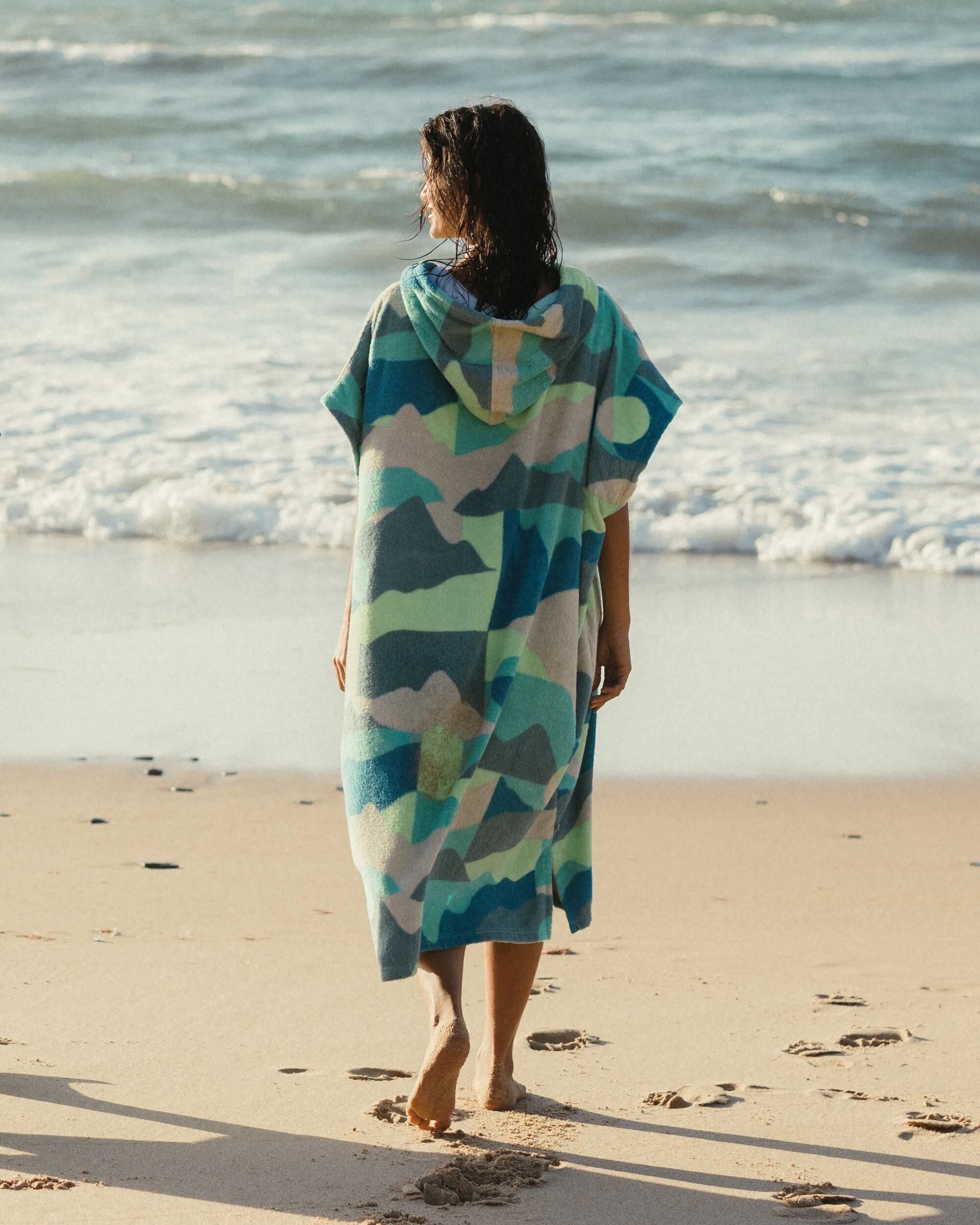 Shoreline Cotton Towel Poncho - Vista Patchwork Aqua - Lifestyle - Female