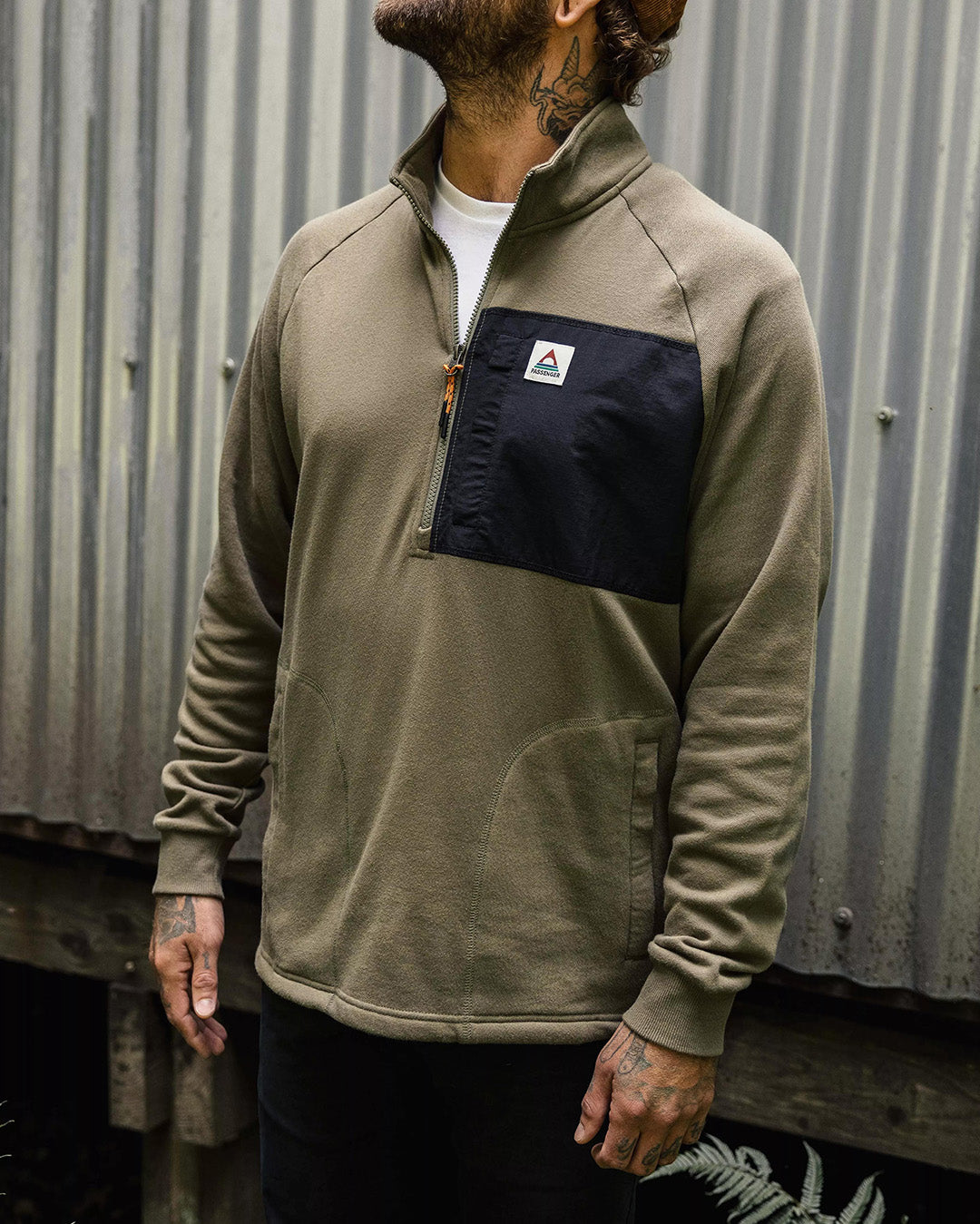Offgrid 1/4 Zip Recycled Cotton Sweatshirt - Dusty Olive - Lifestyle