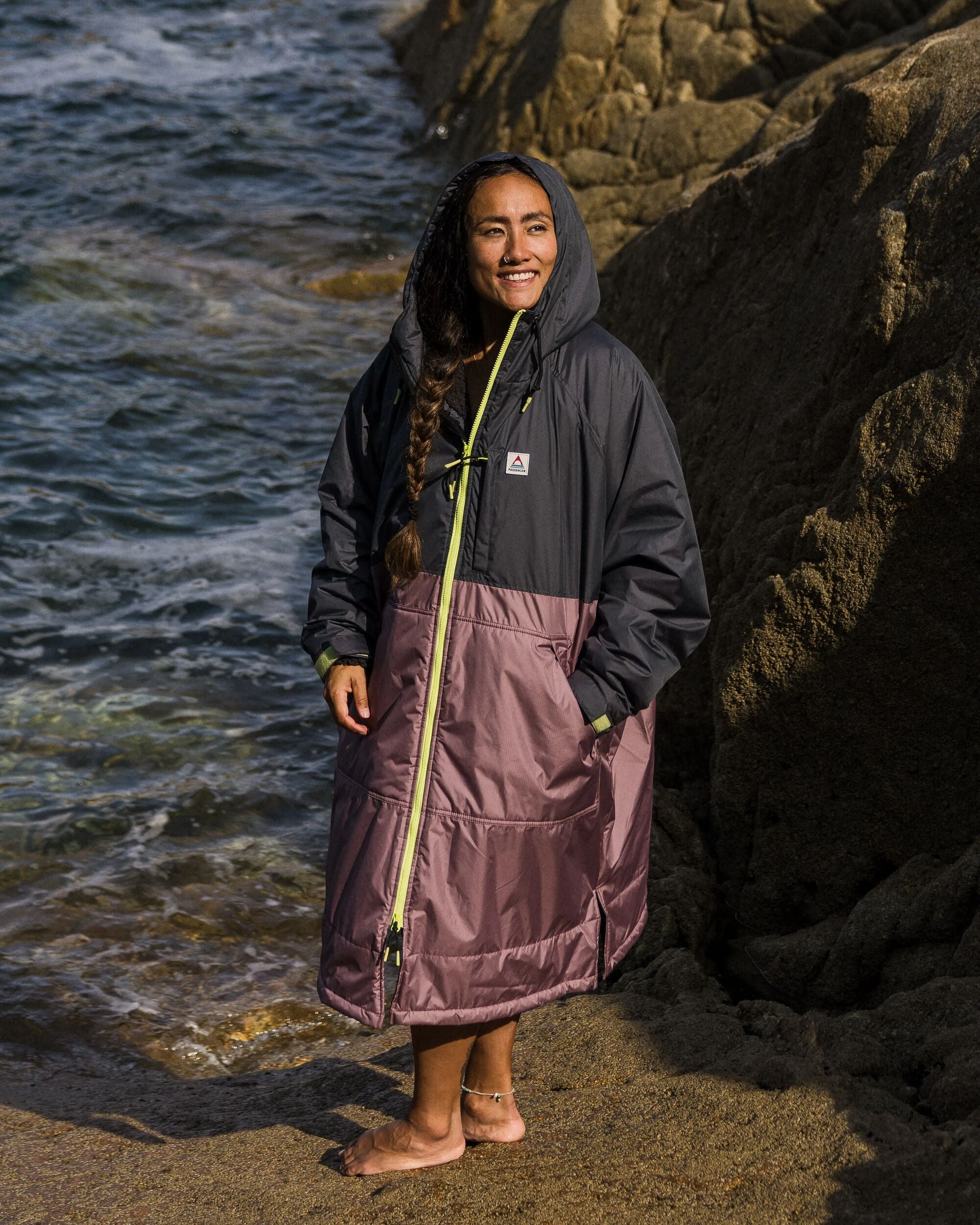Waves Recycled Sherpa Lined Changing Robe - Grape / Charcoal - Lifestyle - Female