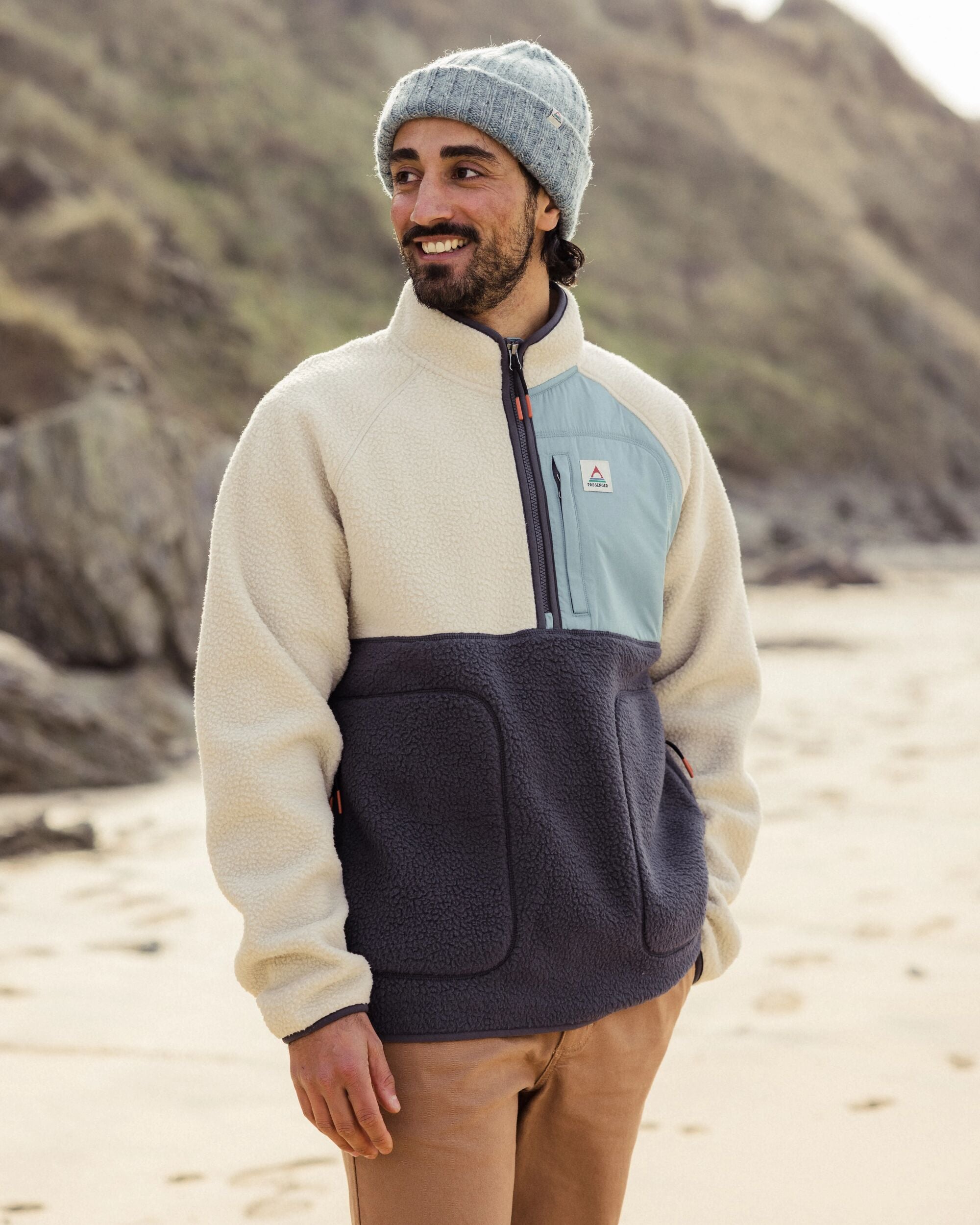 Offgrid 1/2 Zip Recycled Sherpa Fleece - Oatmeal/Charcoal - Lifestyle